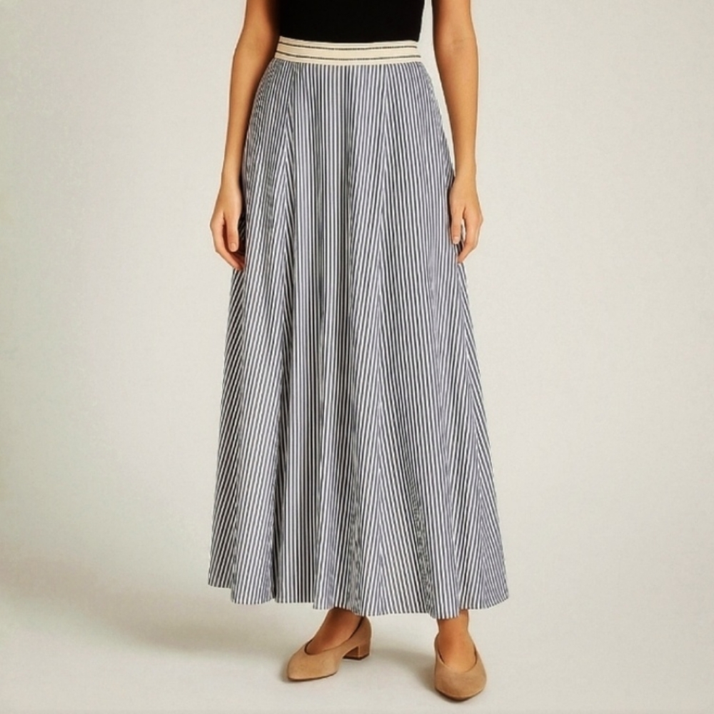 Ann Taylor Grey White Striped Maxi Skirt Cotton Pleated Nautical Cottage Sz 4